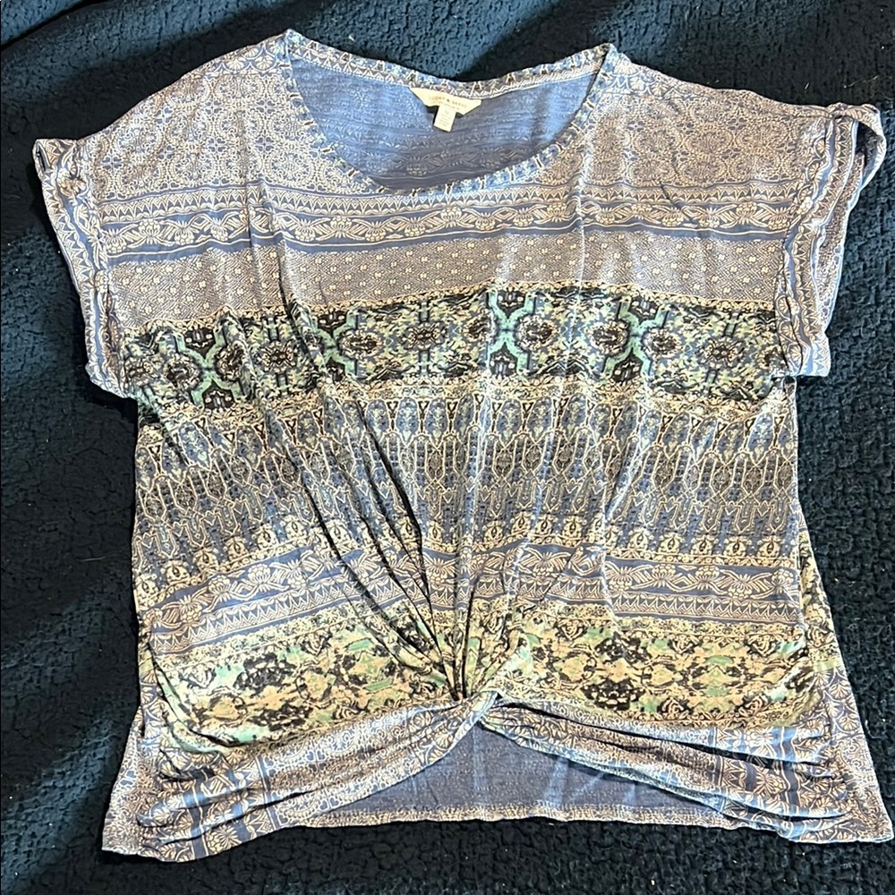 Blue and White Cap Sleeve Tie Front T-Shirt